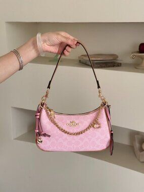 Coach Teri Shoulder Bag Signature Canvas With Charms Gold/Powder Pink CEA20 NWT